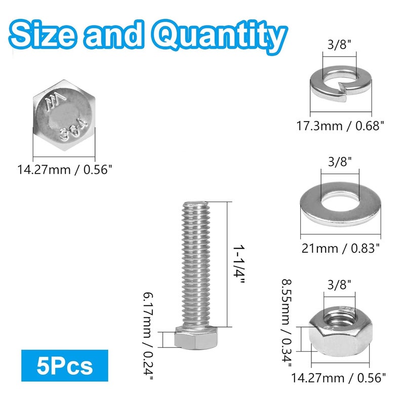 MroMax 8 مجموعات من براغي سداسية الرأس 3/8-16 × 1-1/4" ، وصواميل ، وغسالات مسطحة وغسالات قفل زنبركية ، ملولبة بالكامل ، من الفولاذ المقاوم للصدأ 18-8 (304) ، تشطيب لامع - Image 2